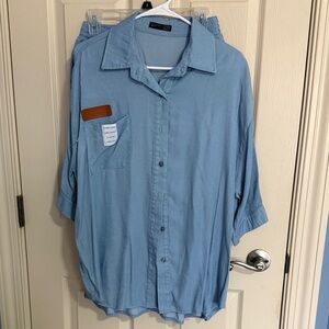 Women's Light Blue Button-Down Shirt and Shorts Set